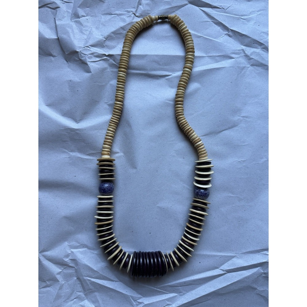 Vintage Necklace Brown Purple Wood Beaded Disc Boho Tribal Statement Jewelry 25"